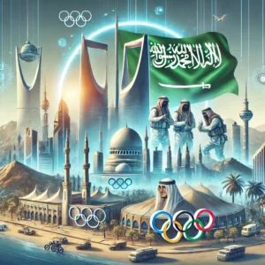 DALLE 2024-07-16 054836 - A digital illustration showing Saudi Arabia leading a new era of eSports with strategic partnerships including the Olympics The scene includes Saudi - innovaTopia