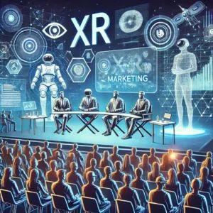 DALLE 2024-07-16 073620 - A futuristic scene depicting the future of XR marketing with industry leaders gathered for a live discussion The illustration should show holographi - innovaTopia