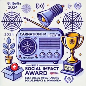 DALLE 2024-07-17 041945 - An illustration showing CarnationFM winning the best social impact award at EthBerlin 2024 The image should feature a radio with decentralized techno - innovaTopia