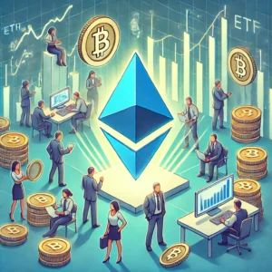 DALLE 2024-07-17 041948 - An illustration of Ethereum ETF preparing to debut in the market The image should include symbols of Ethereum financial graphs and traders actively - innovaTopia