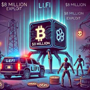 DALLE 2024-07-17 051346 - An illustration showing the DeFi platform LIFI encountering an million exploit The image should include elements of cyber threats and blockchain - innovaTopia