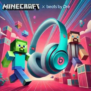 DALLE 2024-07-17 053125 - An illustration of a collaboration between Minecraft and Beats by Dre launching special edition headphones The image should include elements of Mine - innovaTopia