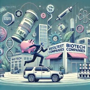 DALLE 2024-07-17 053142 - An illustration showing retailers and biotech companies facing challenges in the medical field and rushing to raise funds The image should include el - innovaTopia