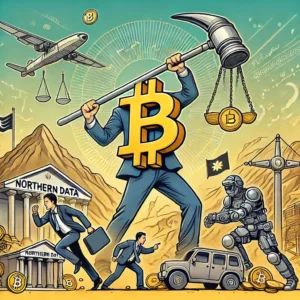 DALLE 2024-07-17 054639 - An illustration showing the major Bitcoin mining company Northern Data fighting back in a lawsuit against a whistleblower The image should include el - innovaTopia