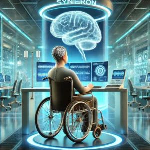 DALLE 2024-07-17 171811 - A futuristic illustration of a paralyzed patient using a brain implant device developed by Synchron The patient in a wheelchair is controlling a co - innovaTopia