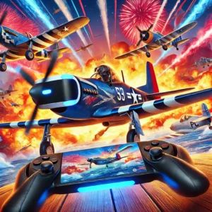 DALLE 2024-07-17 173802 - A vibrant scene showing a VR flight simulator game Aces of Thunder with planes in a dogfight ready to take off on PSVR 2 and PC - innovaTopia