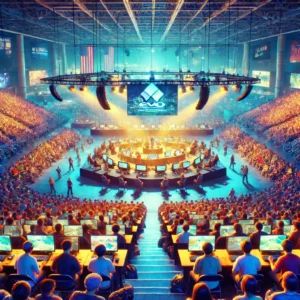 DALLE 2024-07-17 173806 - A vibrant scene showcasing the Evo fighting game tournament in Las Vegas with crowds of over 60000 attendees and intense competition - innovaTopia