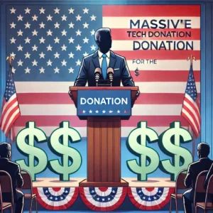 DALLE 2024-07-17 210953 - A tech industry mogul announcing a massive donation for the presidential election The scene shows a high-profile tech figure in a suit standing at a - innovaTopia