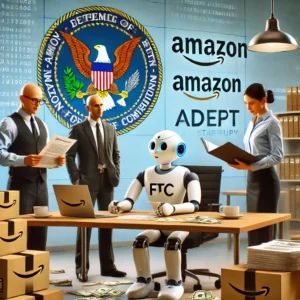 DALLE 2024-07-17 211006 - The FTC investigating Amazons partnership with AI startup Adept The scene depicts FTC officials scrutinizing documents and AI robots in an office se - innovaTopia