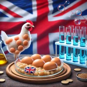 DALLE 2024-07-17 215012 - UK approves lab-grown chicken cells as pet food ingredient first in the world The image shows lab-grown chicken cells and pet food with a British fl - innovaTopia