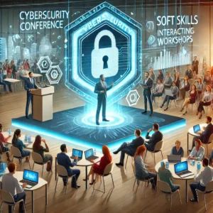 DALLE 2024-07-18 040854 - A dynamic illustration showing a cybersecurity conference with diverse professionals improving their soft skills The scene includes a keynote speaker - innovaTopia