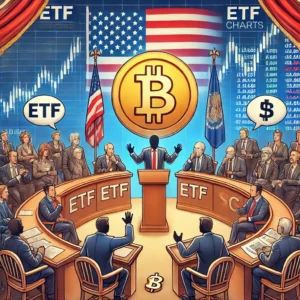 DALLE 2024-07-18 040858 - An illustration showing Bitcoin symbols with a backdrop of ETF charts and political figures debating The scene depicts the intersection of cryptocurr - innovaTopia