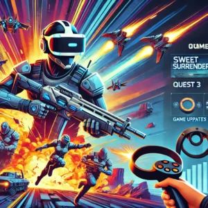 DALLE 2024-07-18 040919 - An illustration of a VR shooter game scene from Sweet Surrender with futuristic weapons action-packed sequences and vibrant graphics The backgrou - innovaTopia