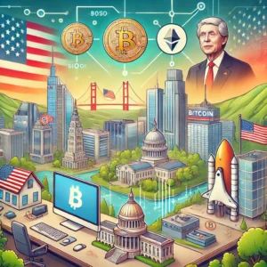 DALLE 2024-07-18 040935 - An illustration showing Silicon Valley with prominent technology buildings and a political backdrop The scene includes Bitcoin symbols and elements r - innovaTopia