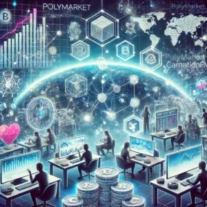 DALLE 2024-07-18 043045 - An illustration depicting a collaboration between Polymarket and CarnationFM showcasing the future of prediction markets and blockchain technology T - innovaTopia