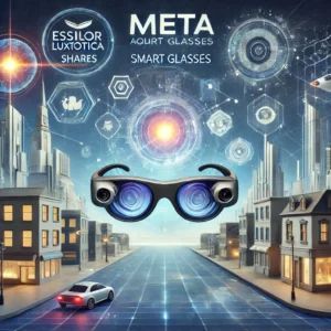 DALLE 2024-07-19 043737 - An illustration of Meta acquiring EssilorLuxottica shares to accelerate the smart glasses market The scene includes smart glasses Meta and EssilorLu - innovaTopia