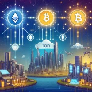 DALLE 2024-07-19 043744 - An illustration of Base TON and Solana leading the mainstream adoption of blockchain The scene includes blockchain networks digital coins and fut - innovaTopia