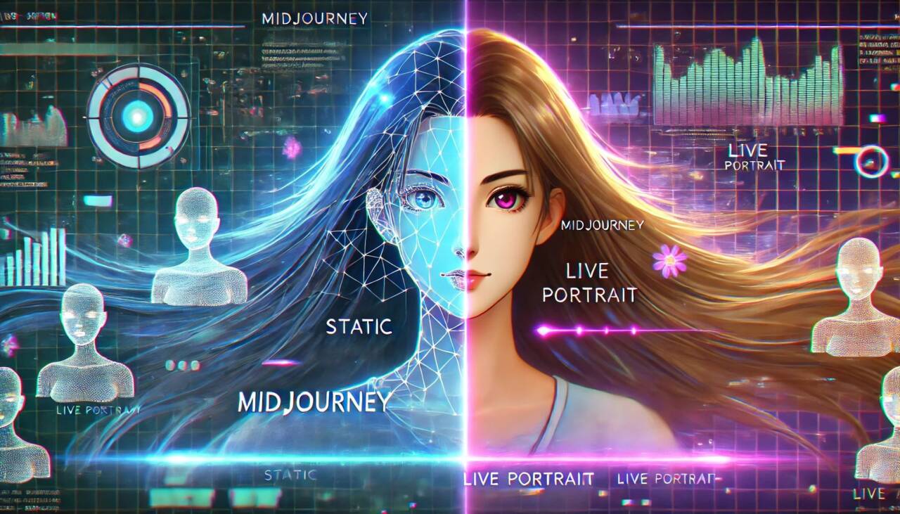 DALLE 2024-07-20 152740 - A split-screen image in anime style showing a beautiful AI-generated woman on one side and the same woman animated and moving on the other side The s - innovaTopia