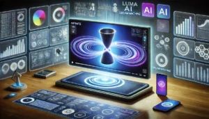 DALLE 2024-07-23 065215 - A futuristic digital marketing workspace with a large holographic screen displaying an infinite loop of a short video The video shows a product trans - innovaTopia