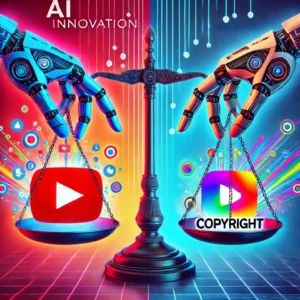 DALLE 2024-07-26 073639 - A split image with a futuristic tech-inspired art style using bold colors On the left side a robotic hand is reaching into a YouTube logo extracti - innovaTopia