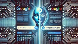 DALLE 2024-07-26 112157 - A futuristic illustration showing a split screen_ on one side a traditional search engine interface with a list of blue links and on the other side - innovaTopia