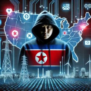 DALLE 2024-07-26 204010 - A digital illustration featuring a North Korean hacker in the foreground wearing a dark hoodie with the North Korean flag on the front The backgroun - innovaTopia