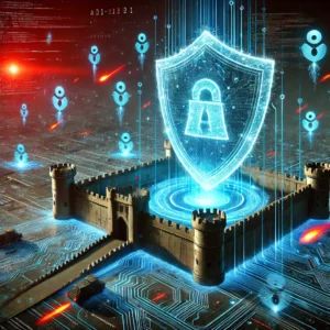 DALLE 2024-07-27 224636 - A futuristic cybersecurity battlefield scene where an AI-powered shield is protecting a digital fortress from incoming cyber attacks The shield emits - innovaTopia