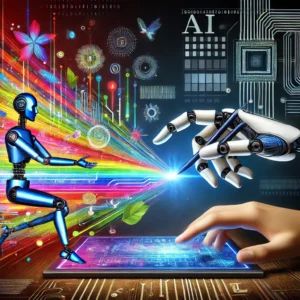 DALLE 2024-08-01 160521 - A futuristic illustration depicting a collaboration between a human hand and a robotic hand both working together to create a vibrant colorful video - innovaTopia