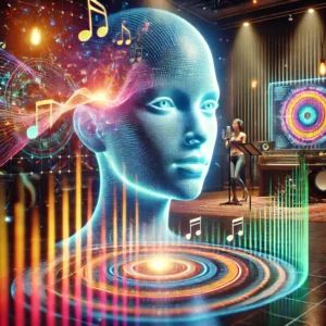 DALLE 2024-08-04 085808 - A futuristic studio where a holographic singer is performing alongside AI-generated music visualizations The singers face is a blend of human and di - innovaTopia