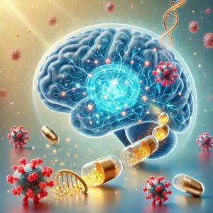 DALLE 2024-08-05 070951 - A futuristic medical illustration showing a stylized brain with glowing blue neurons Inside the brain there are small shiny capsules representing g - innovaTopia