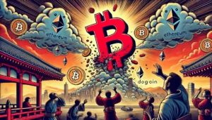 DALLE 2024-08-05 072811 - A dramatic illustration of a red Bitcoin symbol falling from the sky crashing through clouds shaped like other cryptocurrency logos Ethereum Dogeco - innovaTopia