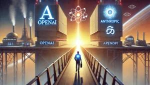 DALLE 2024-08-06 185305 - A symbolic illustration representing the transition of an AI researcher between two tech giants Show a bridge connecting two futuristic buildings on - innovaTopia