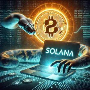 DALLE 2024-08-12 063318 - A digital illustration of a Python snake coiled around a Solana logo with a hackers hand reaching out from the shadows towards a cryptocurrency wall - innovaTopia
