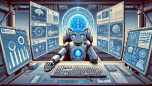 DALLE 2024-08-15 084948 - A futuristic illustration in an anime style featuring a robot named Grok with a glowing blue brain sitting at a desk using multiple computer screens - innovaTopia