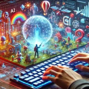 DALLE 2024-08-16 080737 - A futuristic 3D illustration showing a person typing on a holographic keyboard with colorful 3D game worlds emerging from the text The scene depicts - innovaTopia