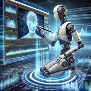 DALLE 2024-08-16 082814 - A futuristic AI robot editing a video on a holographic screen floating in the air The robot is interacting with the screen making precise adjustment - innovaTopia