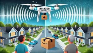 DALLE 2024-08-17 090351 - A split-screen digital illustration_ On one side an Amazon delivery drone is flying over a suburban neighborhood delivering a package On the other - innovaTopia