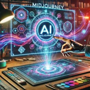 DALLE 2024-08-17 092757 - A futuristic digital artists workspace with a large holographic screen displaying the Midjourney logo and various AI-generated images The artist is - innovaTopia