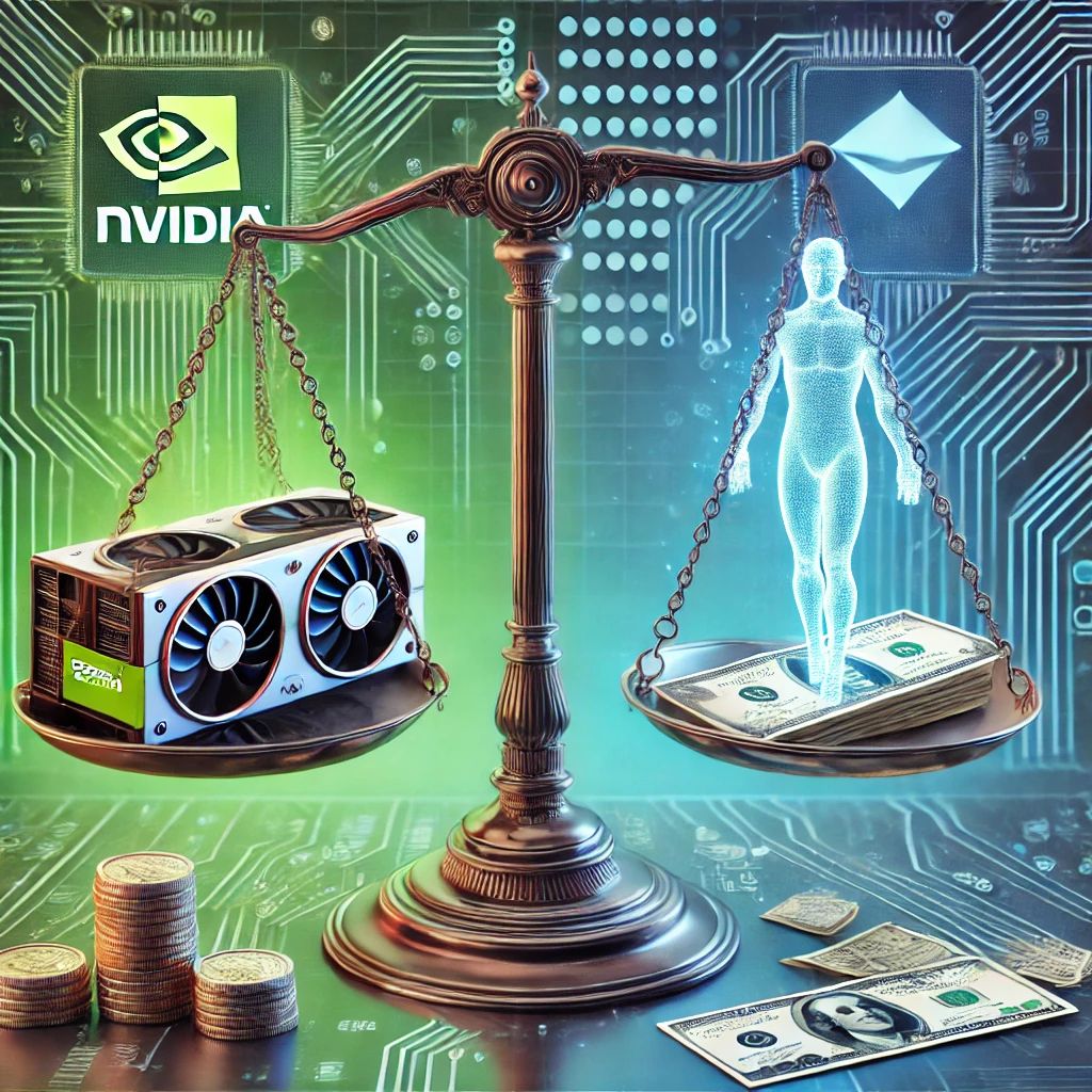 DALLE 2024-08-18 071019 - A futuristic illustration depicting a balanced scale On one side of the scale there is a stack of NVIDIA GPUs and on the other side there are coin - innovaTopia
