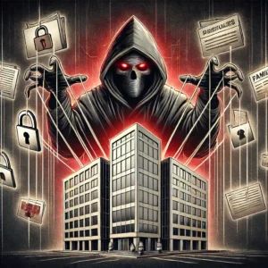 DALLE 2024-08-18 072943 - A digital illustration depicting a menacing hooded figure representing a ransomware gang looming over a corporate building The figure is holding mul - innovaTopia