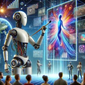 DALLE 2024-08-19 071427 - A futuristic illustration showing a robot artist creating digital images on a holographic screen The robot is sleek and advanced with cables and con - innovaTopia