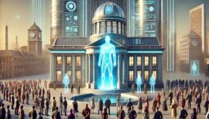 DALLE 2024-08-20 173528 - A futuristic illustration of a city hall building with a holographic AI mayor addressing citizens The AI mayor is represented by a glowing blue human - innovaTopia