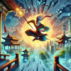 DALLE 2024-08-21 233427 - A dynamic illustration of Sun Wukong the Monkey King leaping through a futuristic Chinese landscape He is wielding his magical staff which emits a - innovaTopia