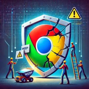DALLE 2024-08-23 174626 - A digital illustration depicting the Chrome browser logo being protected by a shield A WebP image file is trying to breach the shield The shield sho - innovaTopia