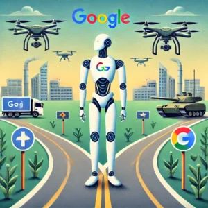 DALLE 2024-08-23 193503 - A symbolic illustration showing a humanoid AI robot standing at a crossroads One path leads to a peaceful cityscape with advanced technology while t - innovaTopia