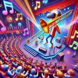 DALLE 2024-08-29 071348 - A vibrant 3D concert hall designed in a VR style with a cartoonish trombone player performing on stage The trombone player is surrounded by colorful - innovaTopia
