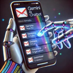 DALLE 2024-09-01 081703 - A digital illustration of a futuristic smartphone displaying the Gmail app interface The screen prominently features a Gemini AI chatbot icon The em - innovaTopia