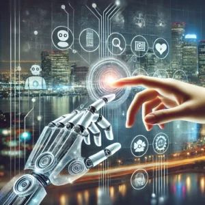DALLE 2024-09-03 075346 - A futuristic digital illustration depicting a human hand and a robotic hand working together on a holographic interface The interface displays variou - innovaTopia