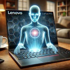 DALLE 2024-09-04 065900 - A futuristic laptop with a sleek design prominently displaying the Lenovo branding featuring a holographic AI assistant floating above the keyboard - innovaTopia