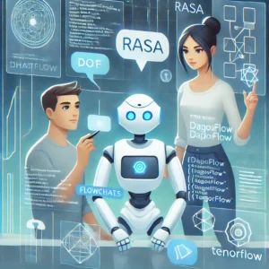 DALLE 2024-09-05 071359 - A futuristic illustration featuring a robot and a human collaborating on a holographic interface designing a chatbot The interface shows flowcharts - innovaTopia